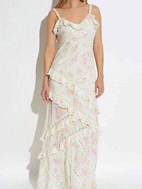 LoveShackFancy Nocelle Floral Ruffle Maxi Dress White Peach 6 NWT $595